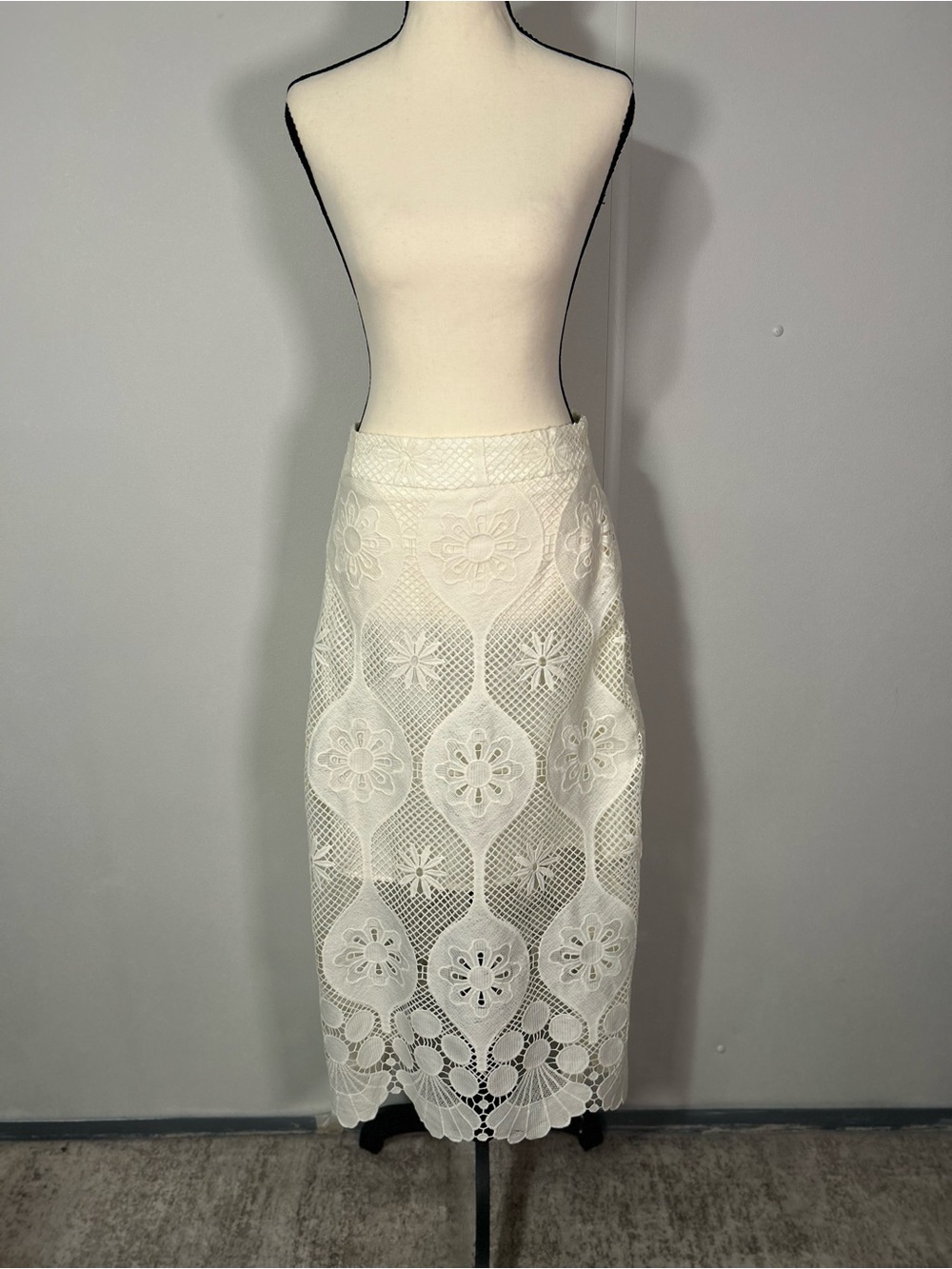 Women's White Crochet Midi Skirt — Elegant Floral Design